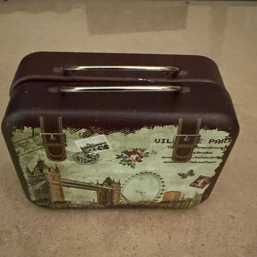 Vintage Style Luggage Tin Box London Travel Theme Hinged Handle Storage Case New